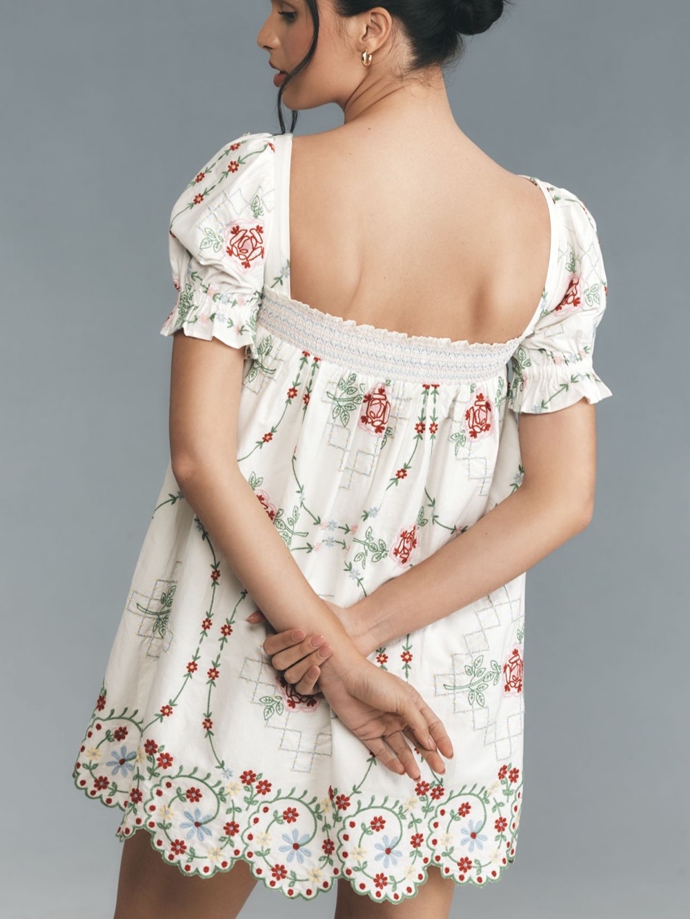Ivory Embroidered Floral Smocked Mini Dress - Picture 2 of 6